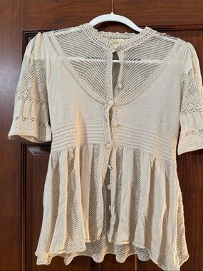 Lace-Detail Cream Knit Button-Up Blouse